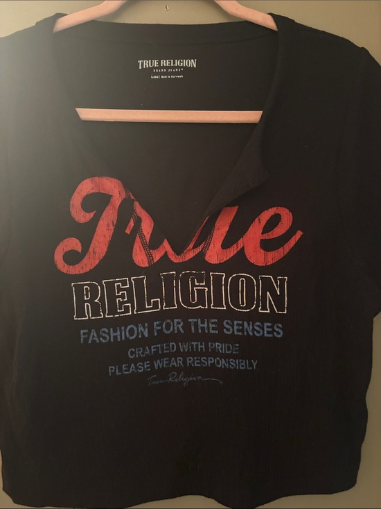 True Religion Tops - True Religion Black Tee with Red Script & Blue Accents